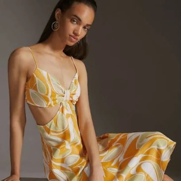 Anthropologie | Dresses | Nwt Anthropologie Cutout Printed Slip Midi Dress  Medium Yellow White Green X | Poshmark